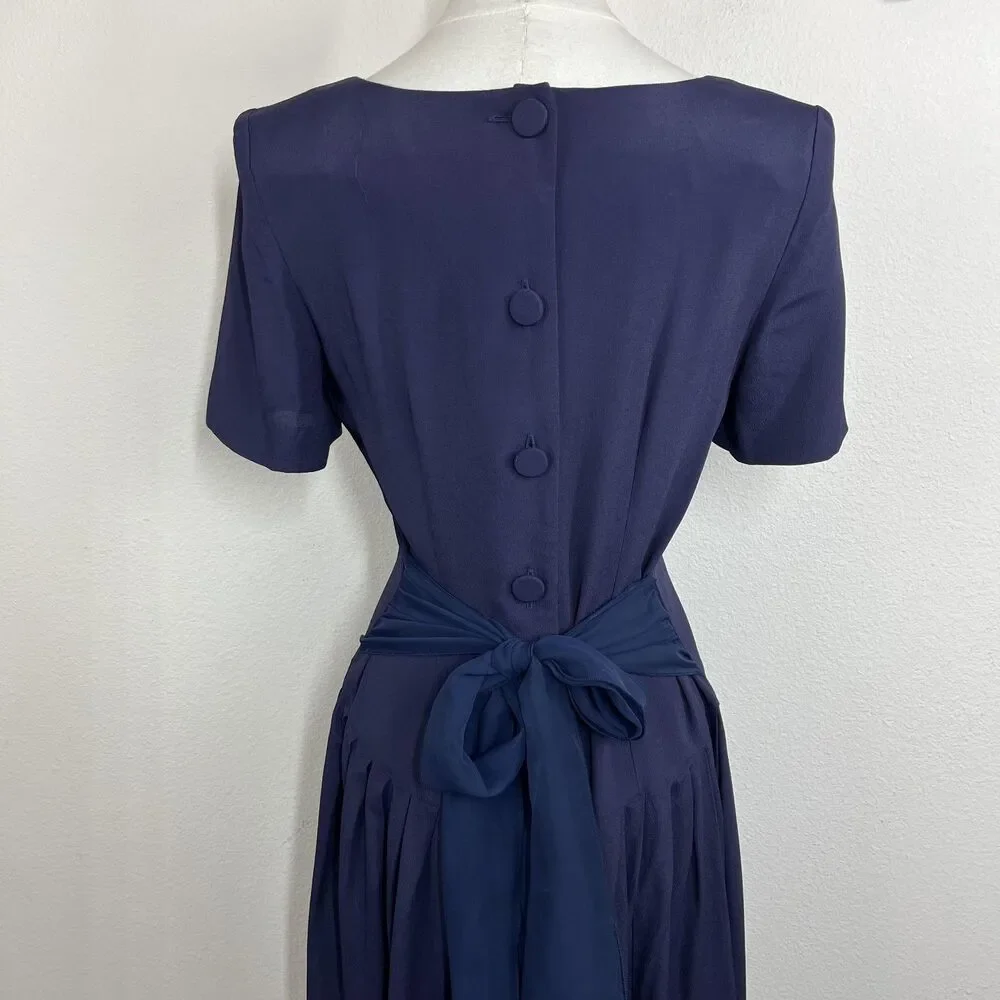 Vintage Donna Ricco Dress Womens 4 Blue Fit Flare Midi Bow 90s Party Wedding - Picture 4 of 9